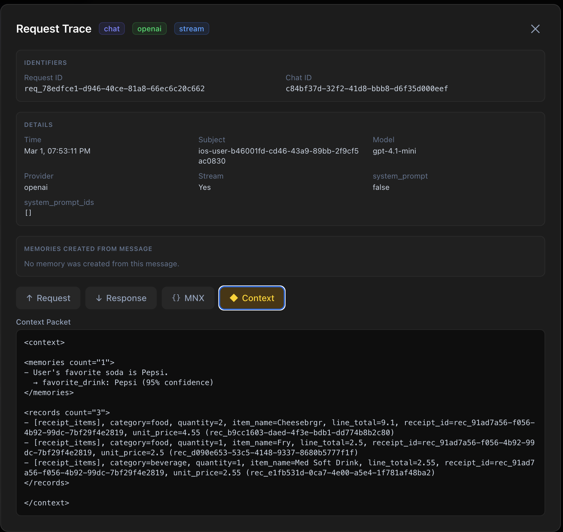 Request trace packet showing mnx runtime details