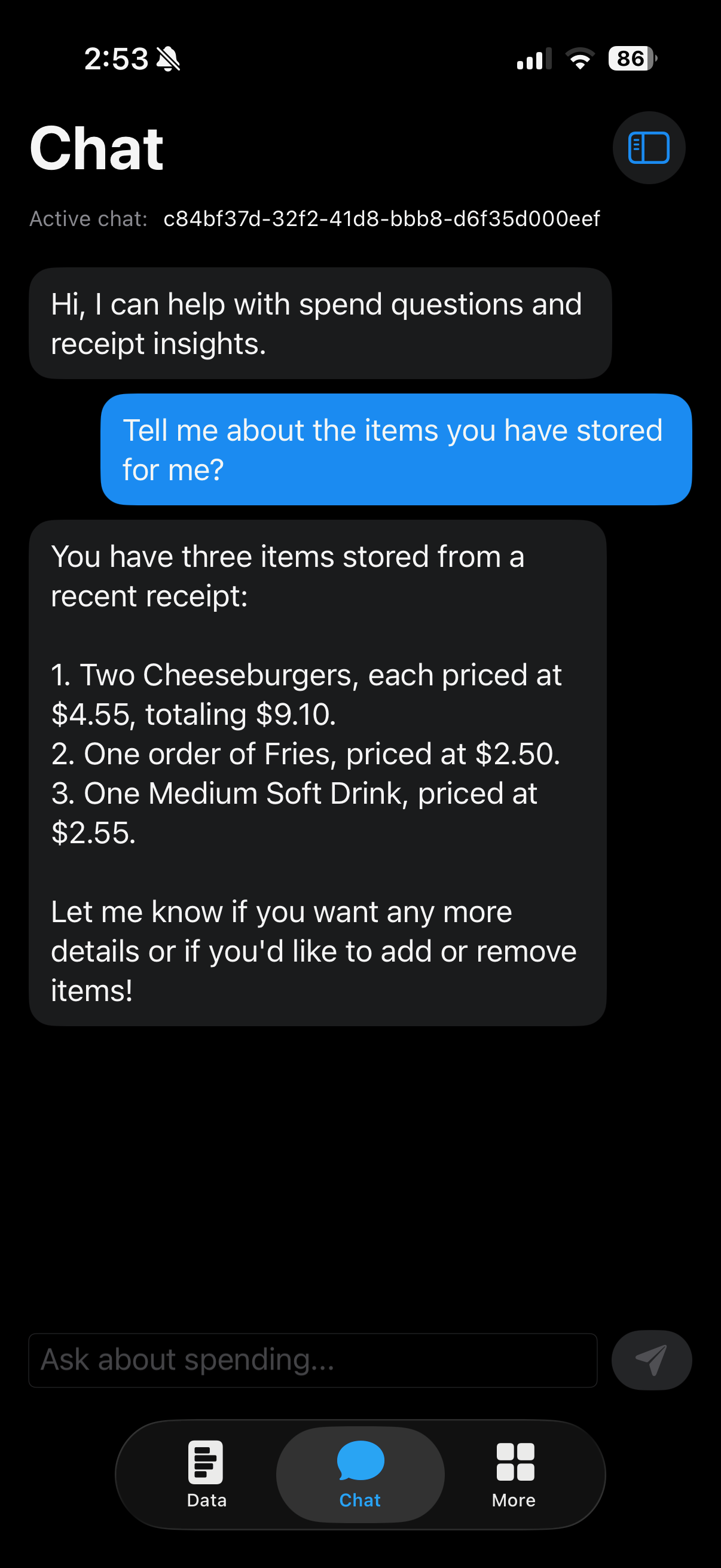 Chat using stored receipt and receipt items records